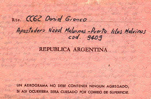 Aerograma enviado desde el Apostadero Naval Malvinas - Fuente: Daniel G. Gionco