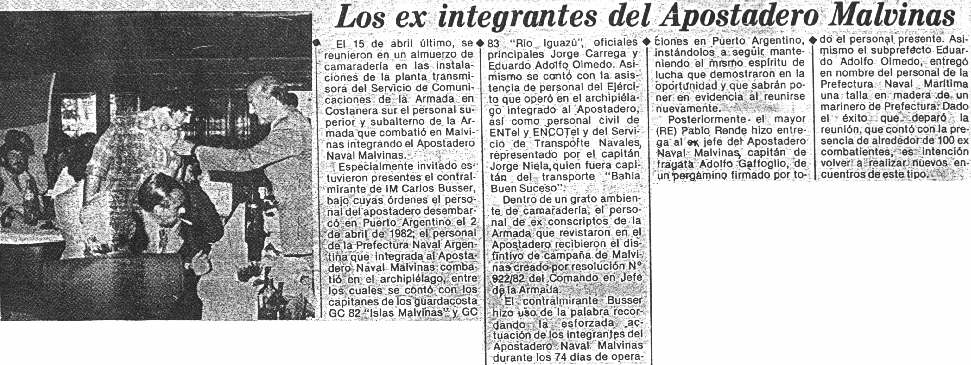 Gaceta Marinera 11/5/83 - Primera reuni&oacute;n de veteranos del Apostadero Naval Malvinas - Fuente: Daniel G. Gionco