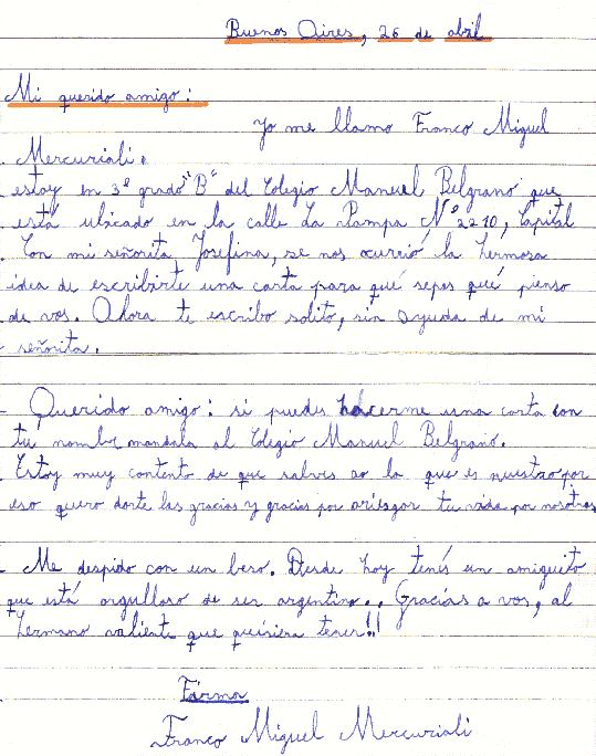 Carta a un soldado en las Malvinas - Ni&ntilde;o de tercer grado - Fuente: Daniel G. Gionco