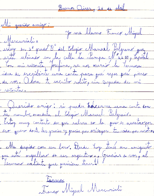 Carta a un soldado en las Malvinas - Niño de tercer grado - Fuente: Daniel G. Gionco