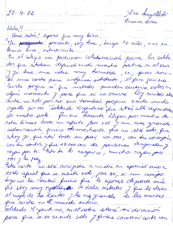 Carta a un soldado en las Malvinas - Señorita de 16 años - Fuente: Daniel G. Gionco