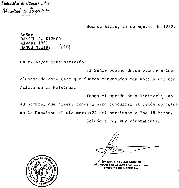 Invitaci&oacute;n a la primera reuni&oacute;n de veteranos de guerra de la Facultad de Ingenier&iacute;a de la UBA (24/08/82) - Fuente: Daniel G. Gionco