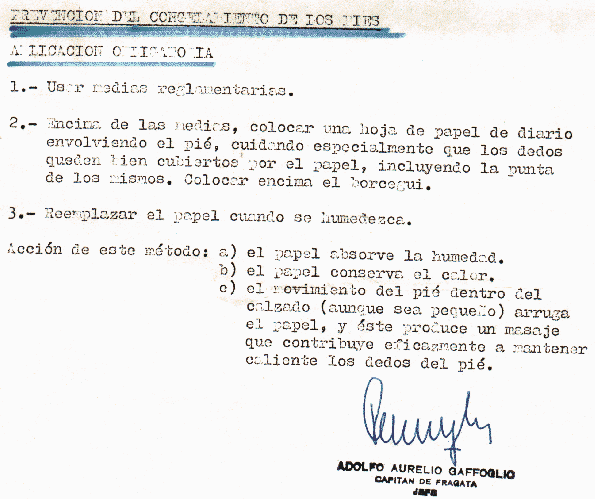 Instructivo contra el congelamiento de pies, del Jefe del Apostadero Naval Malvinas (1982) - Fuente: Daniel G. Gionco