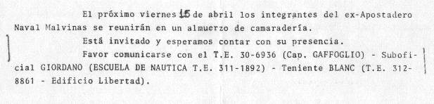 Invitaci&oacute;n a la primera reuni&oacute;n de veteranos del Apostadero Naval Malvinas (15/04/83) - Fuente: Daniel G. Gionco