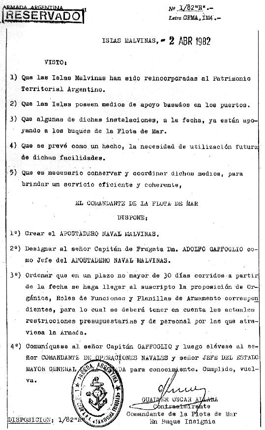 Acta de creaci&oacute;n del Apostadero Naval Malvinas