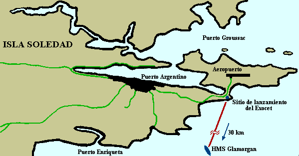Isla Soledad: Mapa del emplazamiento de los Exocet MM-38 en el camino de Puerto Argentino al aeropuerto, durante la Guerra de las Malvinas (1982) - Fuente: Daniel G. Gionco