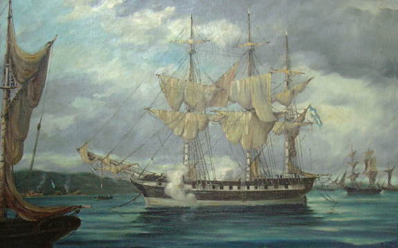 La fragata Heroína en Puerto Soledad (Isla Soledad) - Fuente: Museo Naval de la Nación