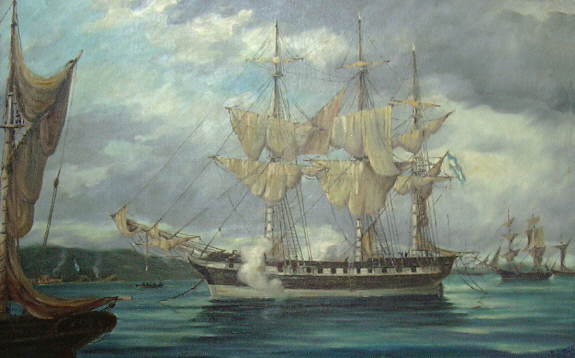 La fragata Heroína en Puerto Soledad (Isla Soledad) - Óleo de E. Biggeri - Fuente: Laurio H. Destéfani