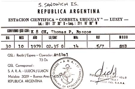 Tarjeta QSL de LU3ZY de 1979 (Base C. Uruguay de la isla Morrell) - Fuente: K8CX