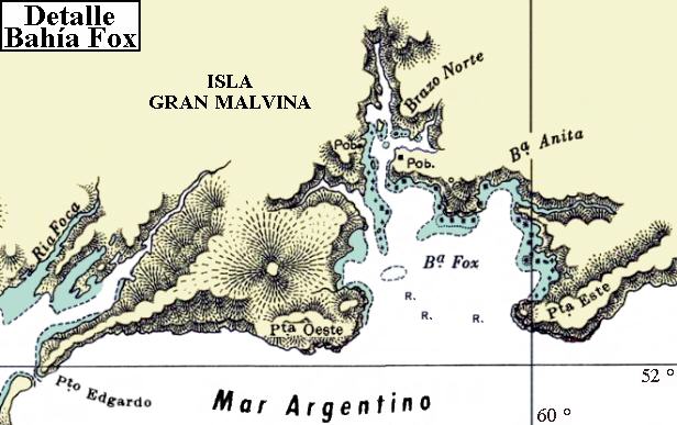Isla Gran Malvina: Mapa de Bahía Fox Este, Bahía Fox Oeste y Puerto Edgardo