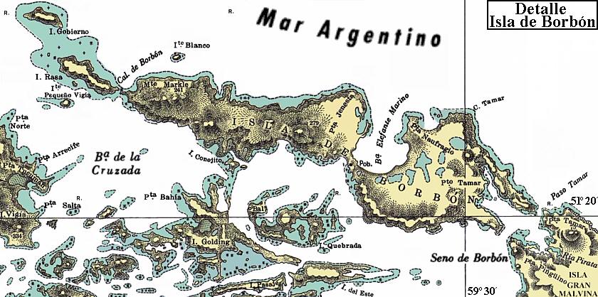 Archipi&eacute;lago de las Malvinas: Mapa de la isla de Borb&oacute;n e islas circundantes