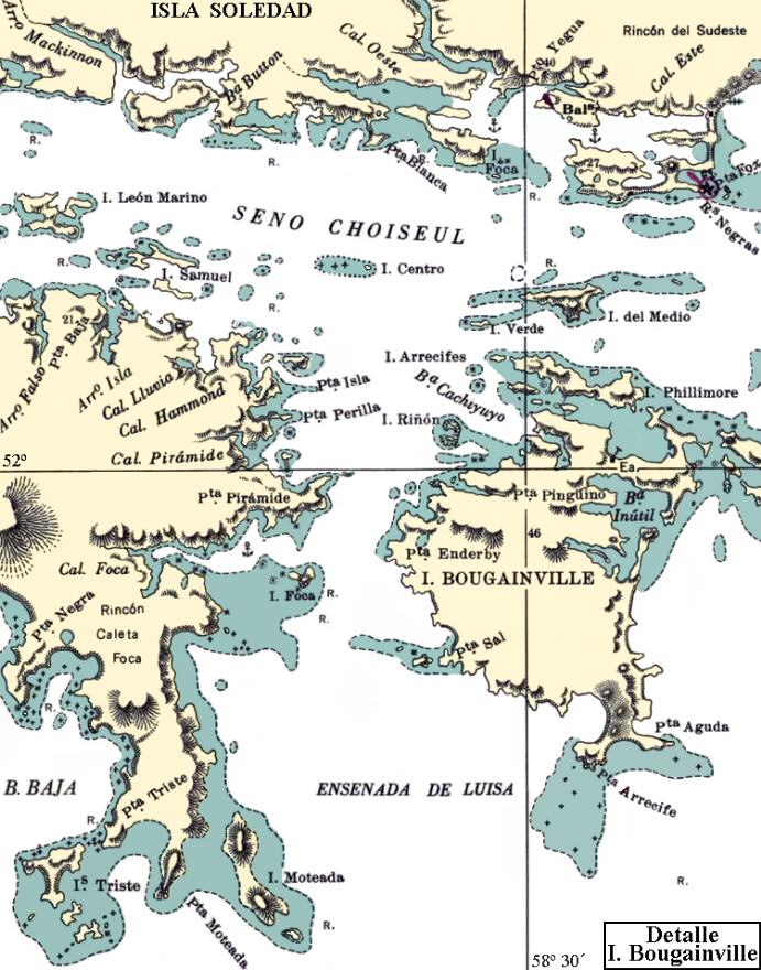Archipi&eacute;lago de las Malvinas: Mapa del sector este del seno Choiseul y ensenada de Luisa - Islas Soledad, Bougainville, Le&oacute;n Marino, Samuel, Centro, del Medio, Phillimore, Triste y Moteada
