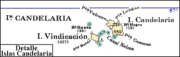 Islas Sandwich del Sur: Mapa de la islas Candelaria y Vindicaci&oacute;n, con la ubicaci&oacute;n del fondeadero H&eacute;rcules y de la roca Santa