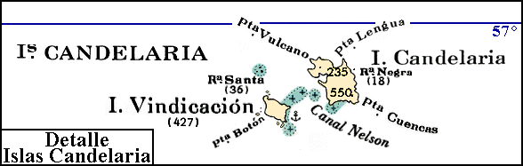 Islas Sandwich del Sur: Mapa de la islas Candelaria y Vindicación, con la ubicación del fondeadero Hércules y de la roca Santa