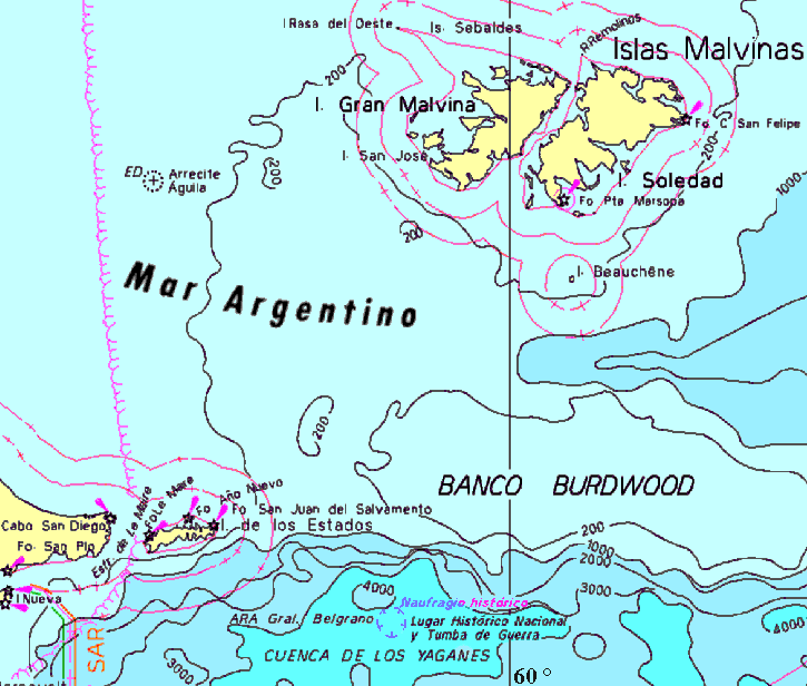 Mapa del lugar donde se hundió el Crucero A.R.A. General Belgrano, el 2 de mayo de 1982 (Lat. 55º 24' sur - Long. 61º 32' oeste)