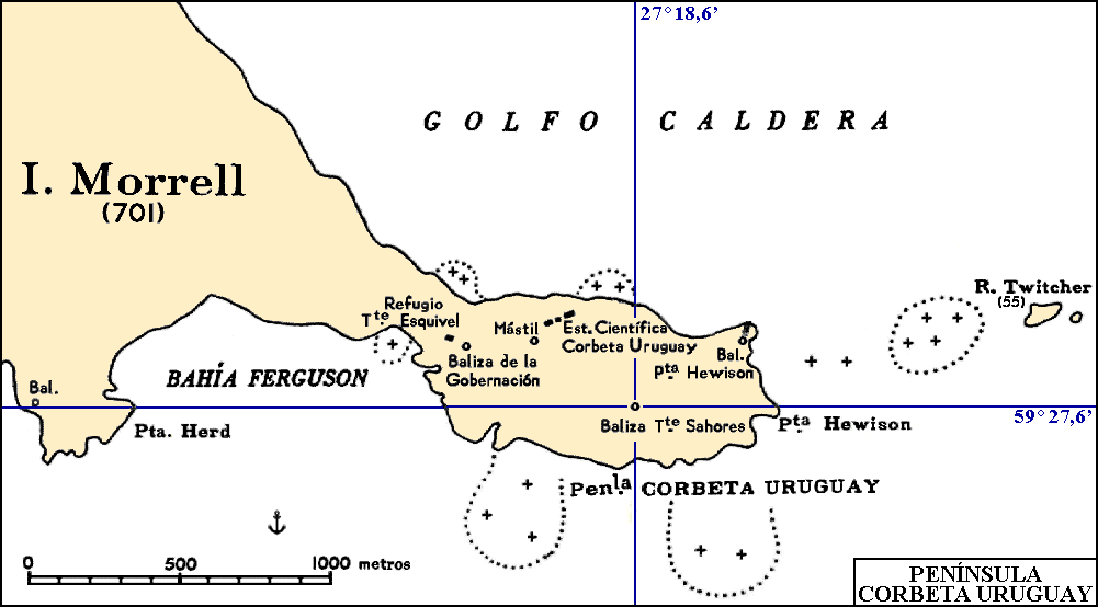 Islas Sandwich del Sur: Mapa de la pen&iacute;nsula Corbeta Uruguay de la isla Morrell, con la bah&iacute;a Ferguson y la roca Twitcher