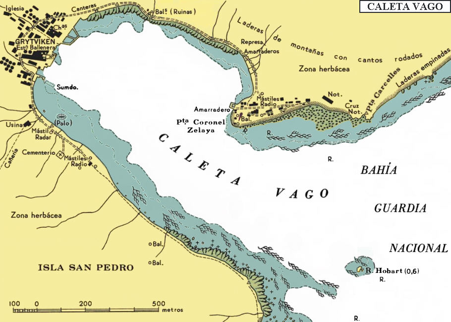 Isla San Pedro: Mapa de Grytviken y la caleta Cap. Vago de la bahía Guardia Nacional (Georgias del Sur)
