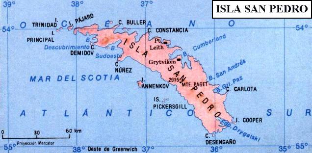 Georgias del Sur: Mapa de la isla San Pedro y circundantes (Islas San Pedro, Annenkov, Pájaro, Principal y otras)