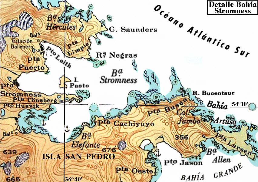 Archipiélago de las Georgias del Sur: Mapa de Puerto Leith y de la Bahía Stromness - Islas San Pedro y Pasto