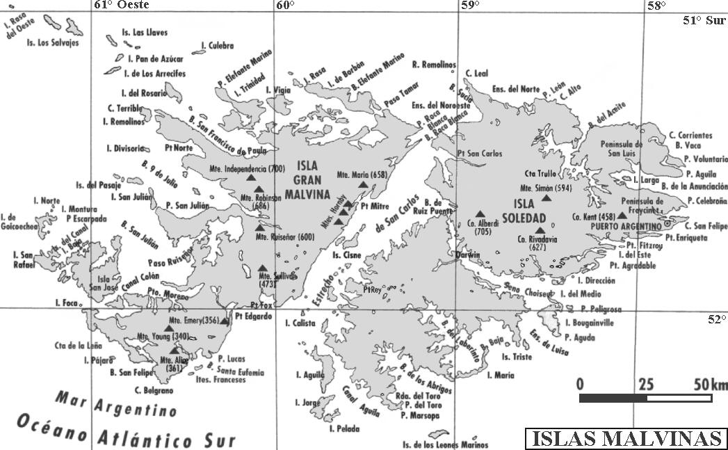 Mapa del archipiélago de las Malvinas - Islas Gran Malvina, Soledad, San José, Trinidad, de Borbón, Bougainville, Águila, San Rafael y otras (excepto la apartada isla Beauchêne)