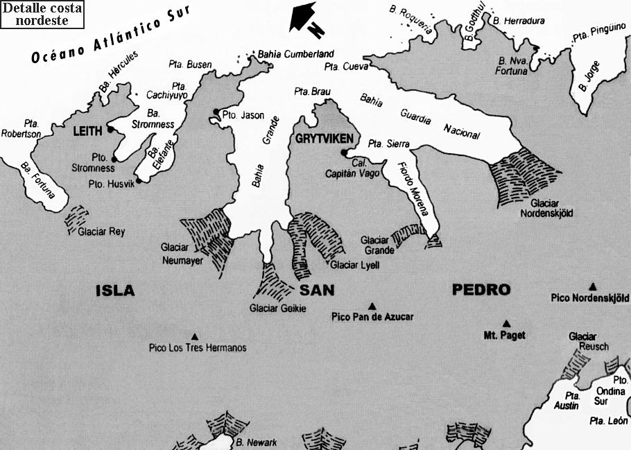 Archipi&eacute;lago de las Georgias del Sur: Mapa de la costa nordeste de la isla San Pedro, con las localidades de Grytviken y Leith - Bah&iacute;as Fortuna, H&eacute;rcules, Stromness, Elefante, Cumberland, Grande, Guardia Nacional, Roquer&iacute;a, Godthul, Herradura, Nueva Fortuna, Jorge y Newark