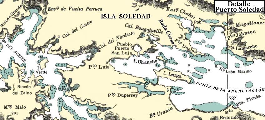 Archipi&eacute;lago de las Malvinas: Mapa de la zona de Puerto Soledad, la capital argentina de las Malvinas - Islas Soledad, Larga, Chancho y Verde - Bah&iacute;a de la Anunciaci&oacute;n