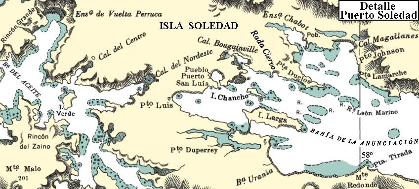 Archipiélago de las Malvinas: Mapa de la zona de Puerto Soledad, la capital argentina de las Malvinas - Islas Soledad, Larga y Verde - Bahía de la Anunciación