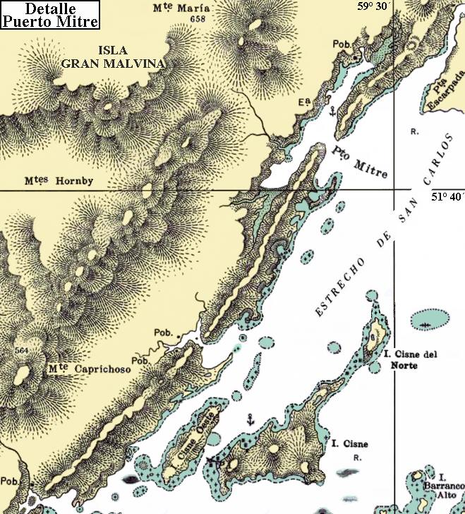 Isla Gran Malvina: Mapa de Puerto Mitre, la costa oriental del estrecho de San Carlos y las islas Cisne, Cisne del Norte, Cisne Oeste y Barranco Alto, con el sitio de hundimiento del Isla de los Estados (Lat. 51&ordm; 44' sur - Long. 59&ordm; 28' oeste)