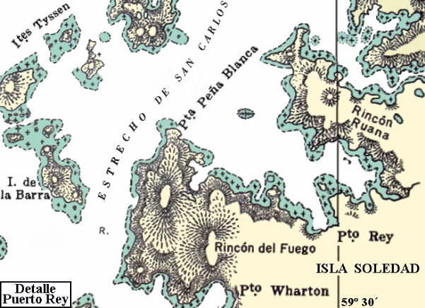 Archipi&eacute;lago de las Malvinas: Mapa de Puerto Rey, en la costa oriental del estrecho de San Carlos, con el sitio de hundimiento del R&iacute;o Carcara&ntilde;&aacute; (Lat. 51&ordm; 54' sur - Long. 59&ordm; 33' oeste) - Islas Soledad y de la Barra, e islotes Tyssen