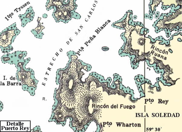 Archipiélago de las Malvinas: Mapa de Puerto Rey, en la costa oriental del estrecho de San Carlos - Islas Soledad y de la Barra, e islotes Tyssen