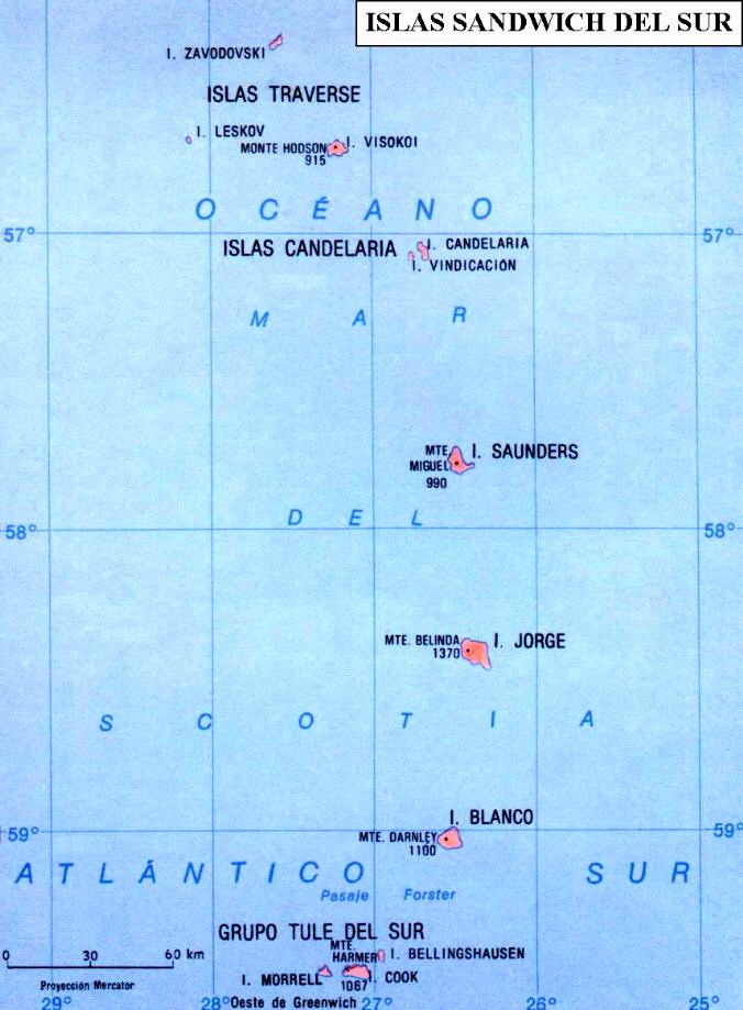 Mapa de las Islas Sandwich del Sur: islas Zavodovski, Leskov, Visokoi, Candelaria, Vindicaci&oacute;n, Saunders, Jorge, Blanco, Bellingshausen, Morrell y Cook (Grupos Traverse, Candelaria y Thule del Sur)
