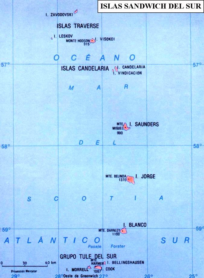 Mapa de las Islas Sandwich del Sur: islas Zavodovski, Leskov, Visokoi, Candelaria, Vindicación, Saunders, Jorge, Blanco, Bellingshausen, Morrell y Cook (Grupos Traverse, Candelaria y Thule del Sur)