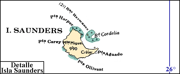 Islas Sandwich del Sur: Mapa de la isla Saunders, con la ubicación del monte Miguel y de las rocas Hermanos