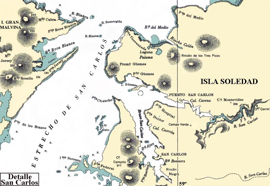 Archipiélago de las Malvinas: Mapa de la zona de San Carlos y el extremo norte del estrecho de San Carlos - Islas Gran Malvina, Soledad y Güemes