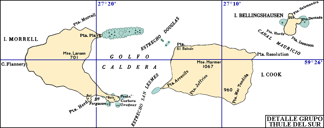 Islas Sandwich del Sur: Mapa del grupo Thule del Sur (Islas Morrell, Cook y Bellingshausen)