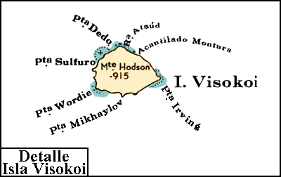 Islas Sandwich del Sur: Mapa de la isla Visokoi, la más austral del grupo Marqués de Traverse; con la ubicación del monte Hodson