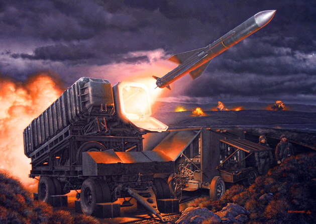 Cuadro "Batterie terrestre de missiles MM-38 Exocet, modèle ITB du capitaine Julio Pérez (Iles Malouines-12/06/1982)" / Aguada sobre papel, de 35 x 50cm / Daniel Bechennec (2009) - Francia - Fuente: Daniel G. Gionco