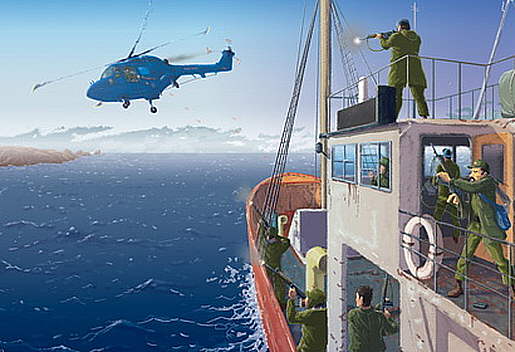 Cuadro "&iexcl;Voy tras el helo!" que representa al Forrest destac&aacute;ndose en la persecuci&oacute;n de la aeronave brit&aacute;nica / Ilustraci&oacute;n digital de J. M. Terradas e I. Amendolara (2016) - Fuente: I. Amendolara