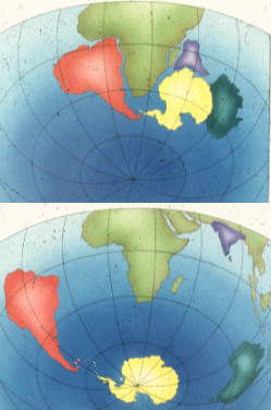 Croquis de la deriva continental (A. Wegener): Fragmentación de Gondwana